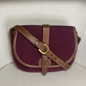 Trafalgar Burgundy Fabric Crossbody with Brown Leather Trim and Brass Buckle